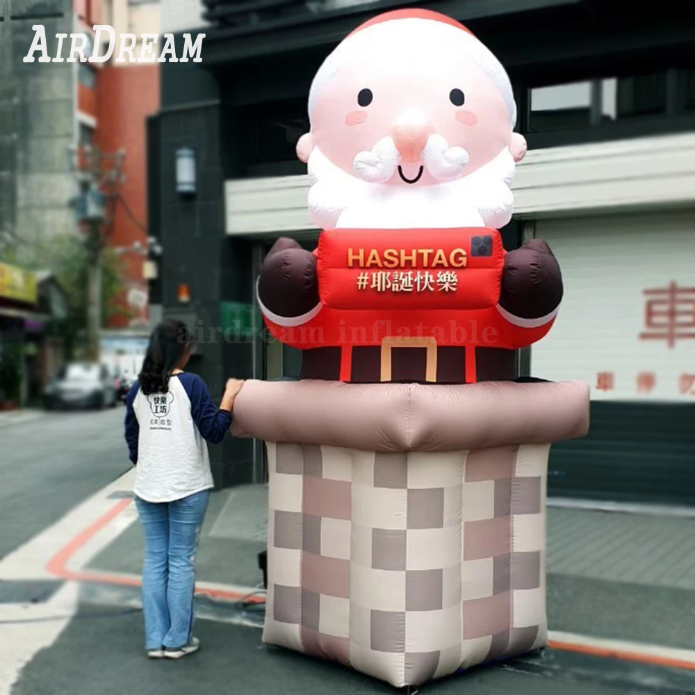 Hot Salling Outdoor Giant Inflatable Santa Model Air Blown Father Crawling Out Of Chimney For Christmas Decoration