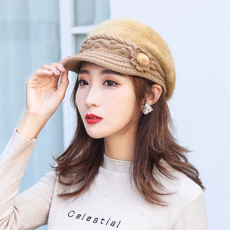 D&T 2022 New Fashion Hat Beret Women Knitted Warm Flower Decoration Sun Protection Winter Elegant Solid Color Hairy Wool Hat