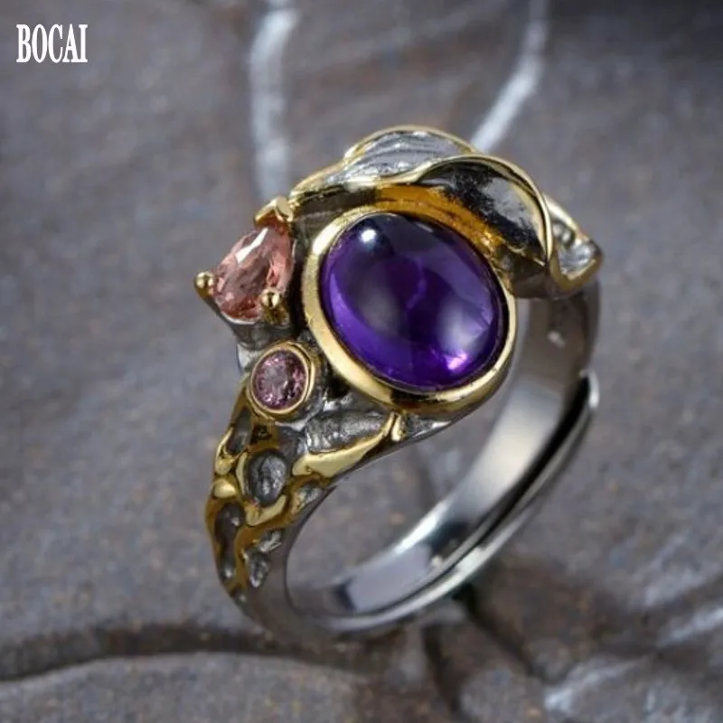 

BOCAI NEW S925 Silver Vintage Fashionable Set Purple Gemstone Ring Women's Gift