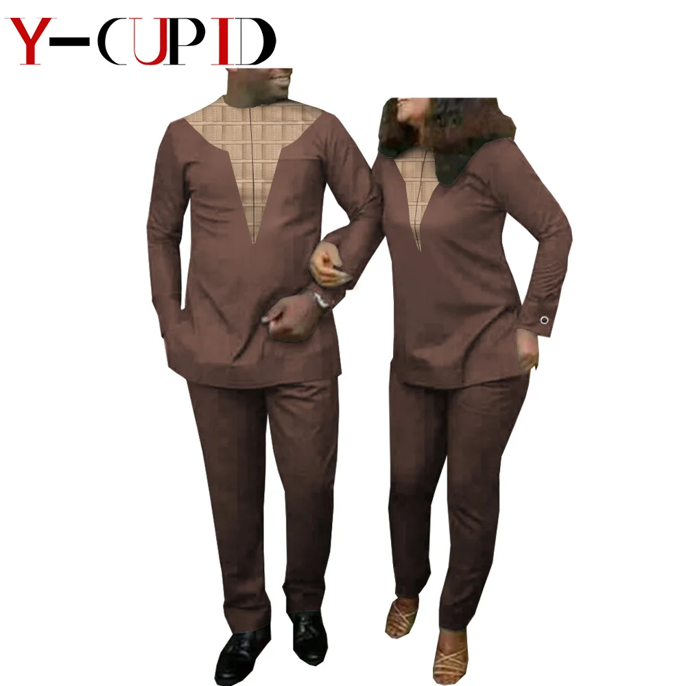 African Clothes for Couples Bazin Riche Women Top and Pants Sets Matching Men Outfits 2 Pieces Patchwork Pants Sets YA20C001