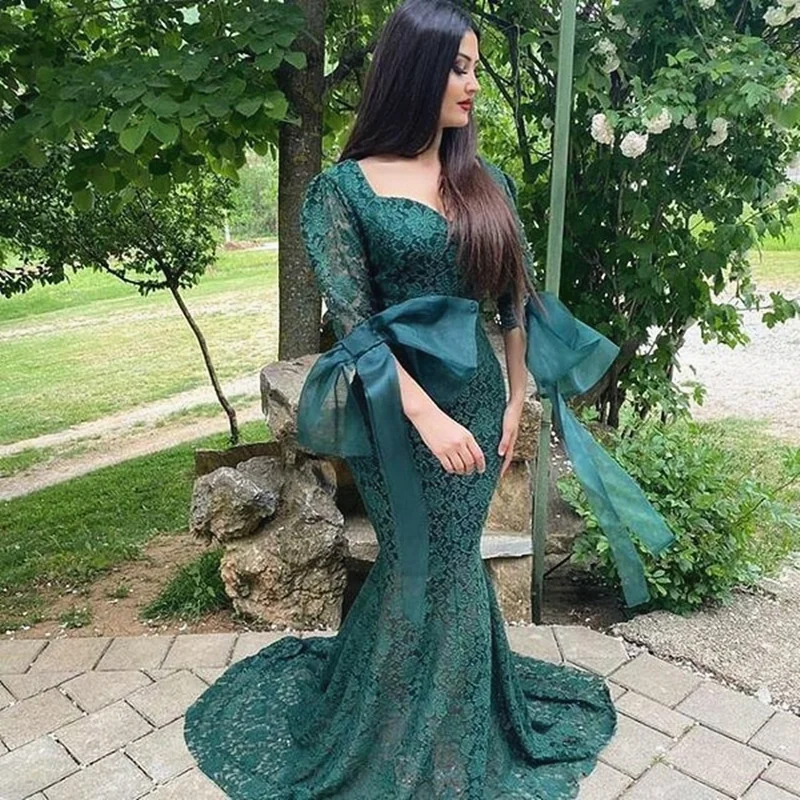 Vestido de fiesta de sirena con encajes, elegante, escote en forma de corazón, mangas largas, vestido de noche Simple