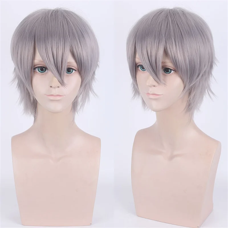 Anime EVA Nagisa Kaworu Synthetic Hair Short Light Gray Grey Cosplay Wigs Heat Resistant Hair Halloween Party Wig + Free Wig Cap