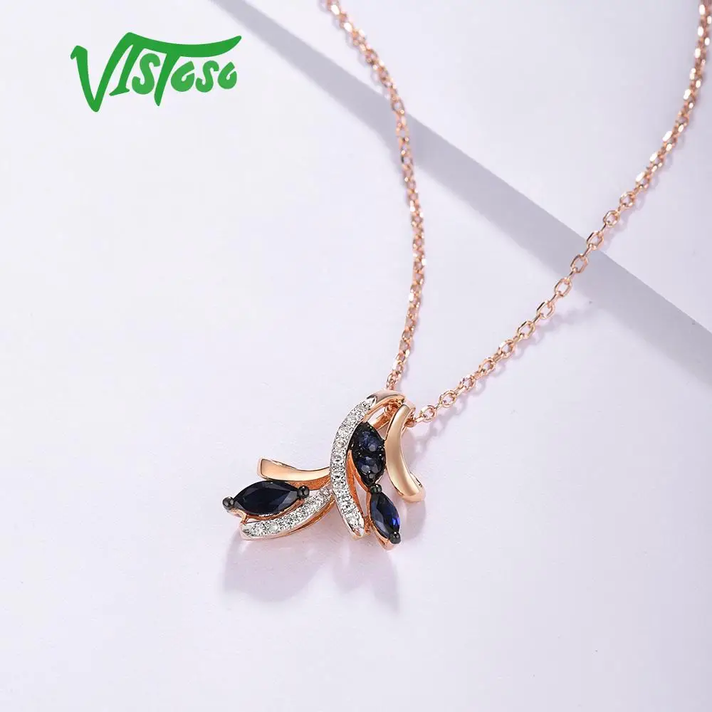 VISTOSO Gold Pendants For Women Authentic 14K 585 Rose Gold Sparkling Blue Sapphire Diamond Elegant Wedding Band Fine Jewelry