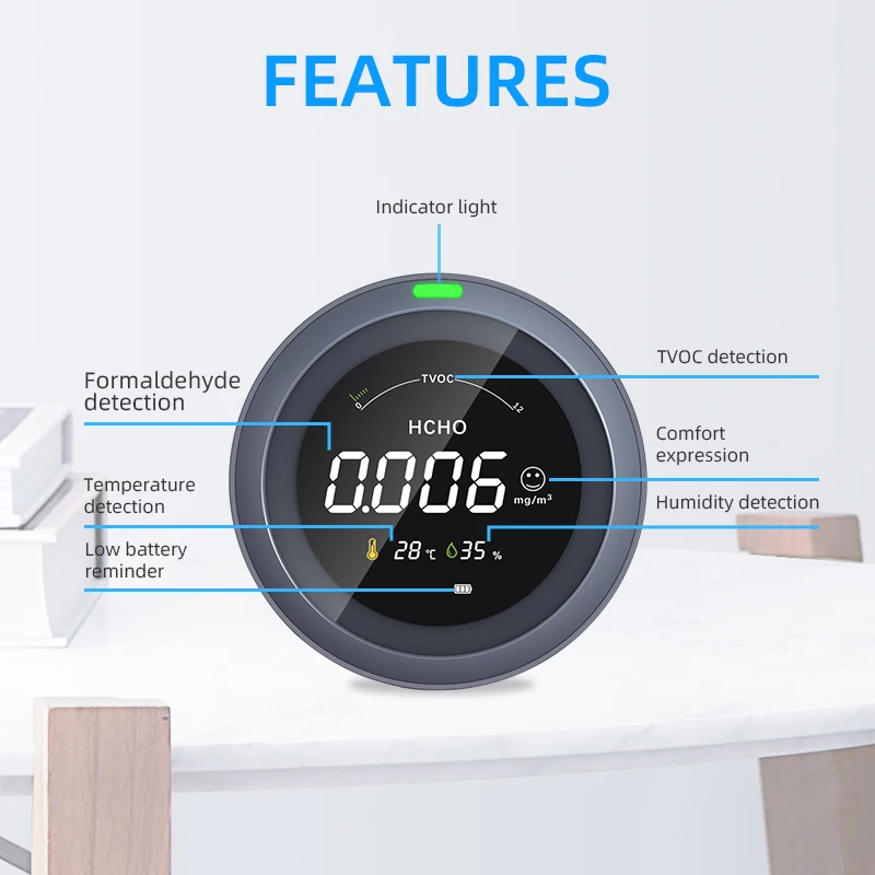 Fabisense Luchtkwaliteit Monitor Formaldehyde Detector Professionele Tvoc Hcho Hygrometer Hermometer Sensor Indoor Gas Analyzer PTH2