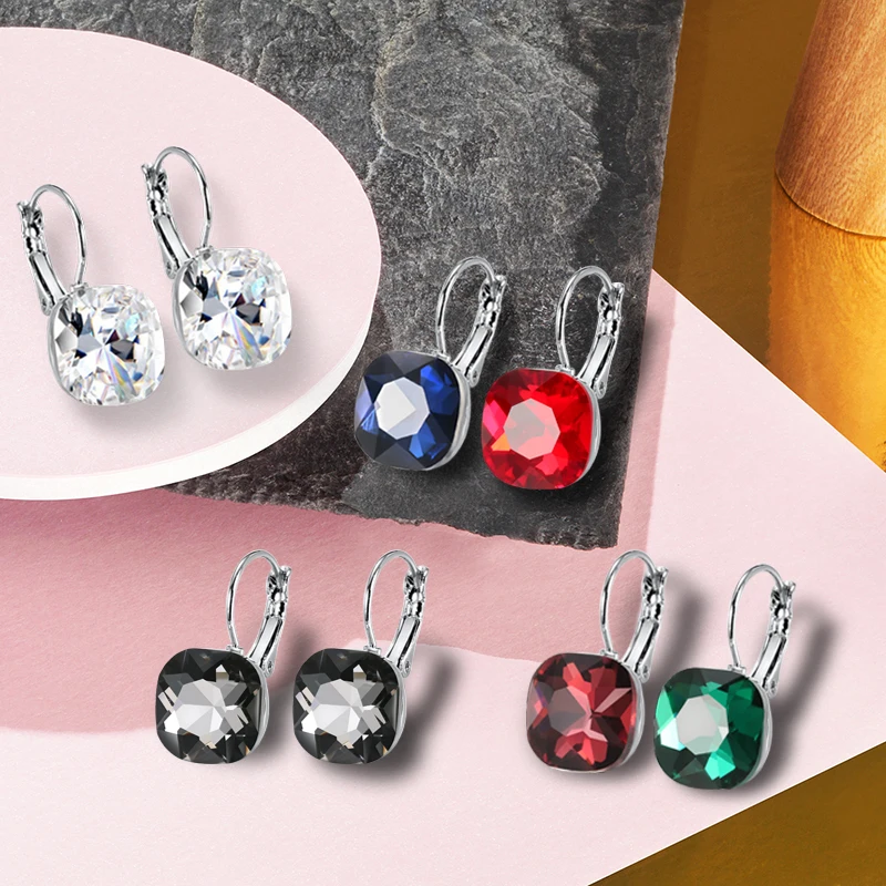 Kinel Hot Fashion Silver Color Square Crystal Sted Earrings For Women Party Gift Engagement Jewelry Wholesale Drop Shipping