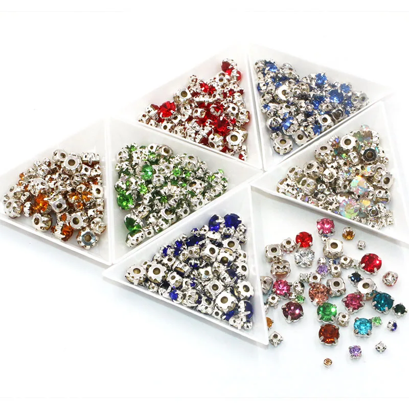 Free shipping 100pcs/pack Mixed size Peacock blue glass crystal sliver base sew on rhinestones diy apparel accessories