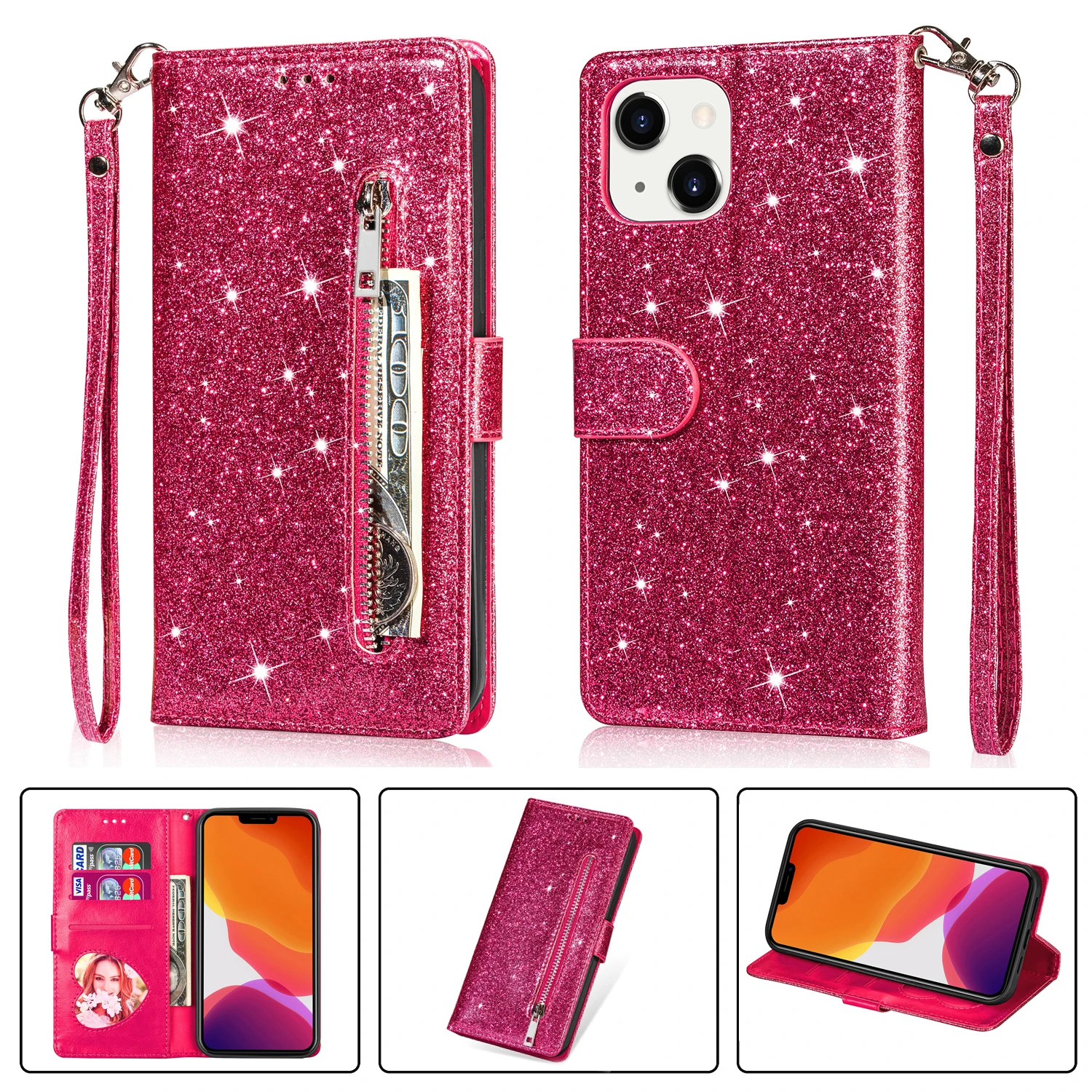 Reißverschluss-Flip-Brieftaschen-Hülle aus Glitzerleder für iPhone 18 17 16 15 14 13 12 11 Pro Max XS XR 8 7 Plus SE 16E Mini Bling Handyhülle – Detail 7