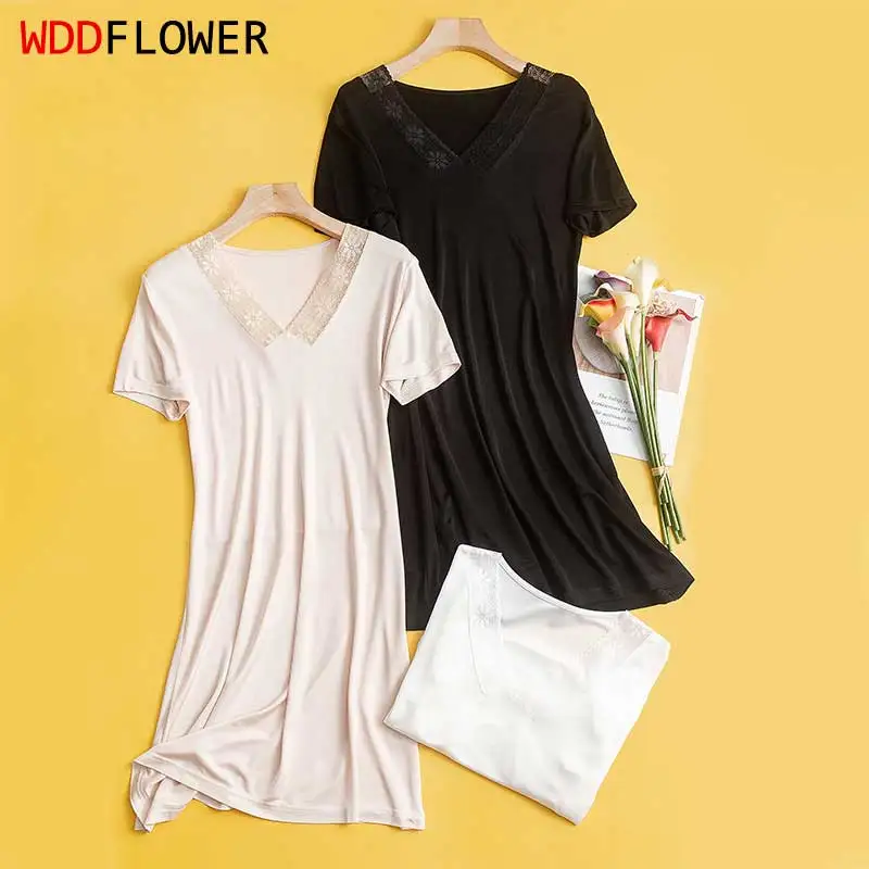 

Women Nightgown 23% Silk 77% Polyester Stretchy Knit Silk Short Sleeve Lace V-neck Full Slip Sleepwear sleep dress TU017