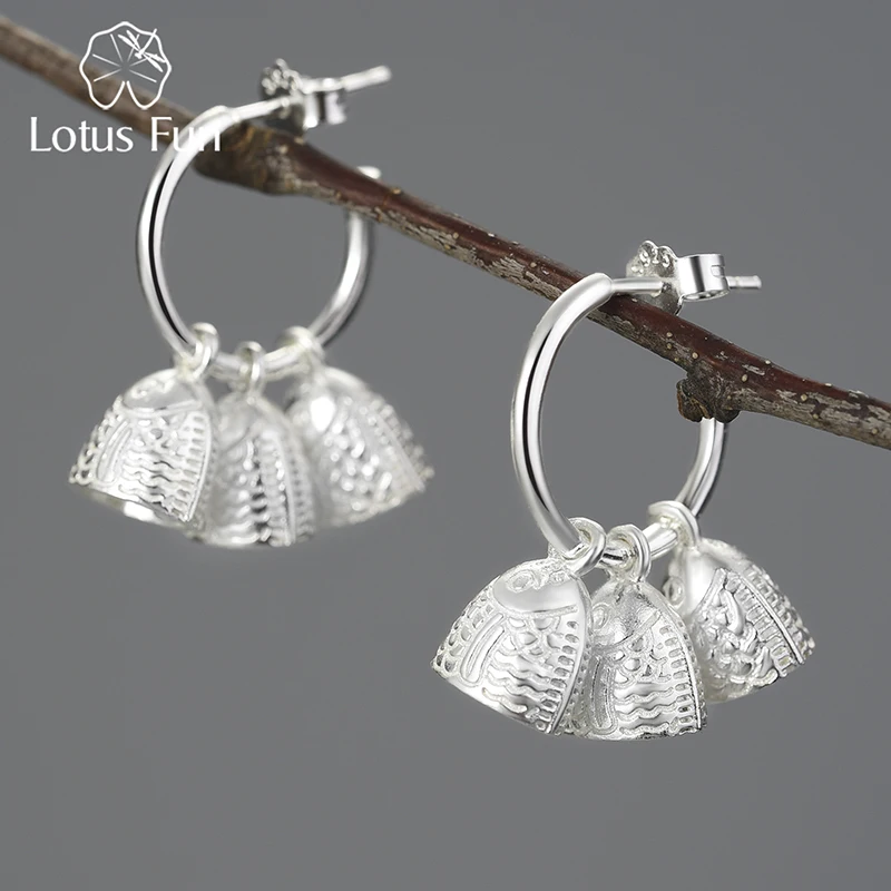 Lotus Fun Real 925 Sterling Silver Natural Creative Handmade Fine Jewelry Ethnic Vintage Fish Bell Dangle Earrings For Women