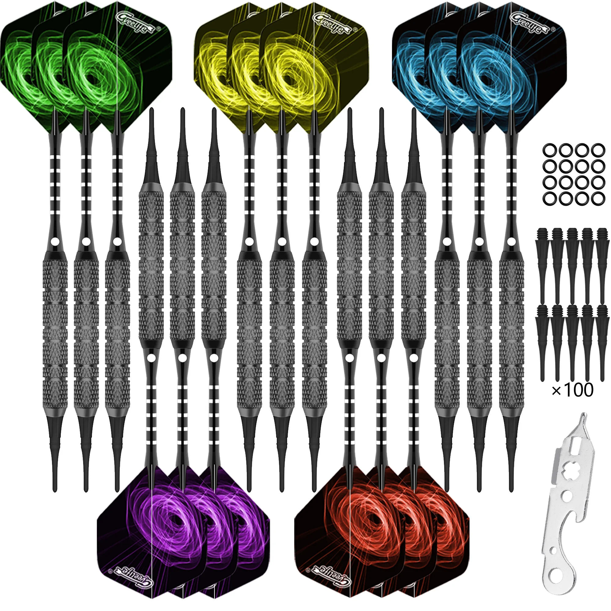 CyeeLife 18/22g Soft tip darts 15 Packs,15 Aluminium Shafts+20 Flights+100 Plastic Points+Tool+Rubber Rings,Home Dart set