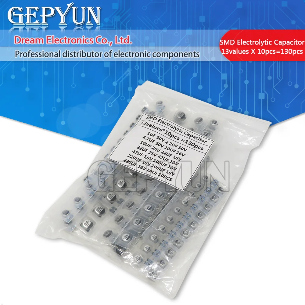 130pcs/LOT 1uF-220uF SMD Aluminum Electrolytic Capacitor Assorted Kit Set, 13values*10pcs=130pcs Samples Kit