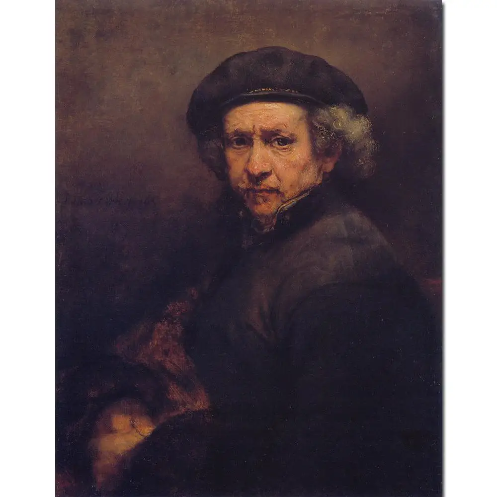 

Handmade Rembrandt Van Rijn Oil Paintings Reproduction Self-Portrait With Beret Turned Up Collar Classical Canvas Art Wall Decor