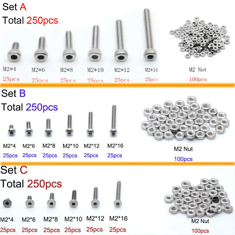 Kit 250PZ M2(2mm) Esagono Bulloni Viti Dadi in A2 Acciaio Inox Assortment