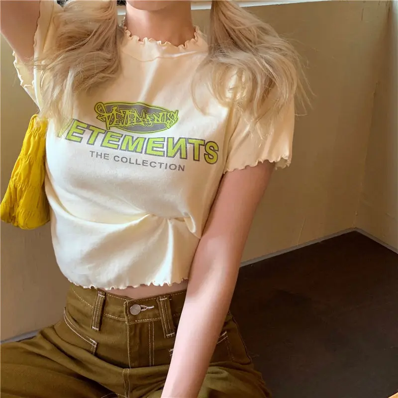 2022 Summer The New Korean Version Loose Letter Printing Crimping Short Sleeve T-Shirt Student Short Hot Girl Coat Ins Female