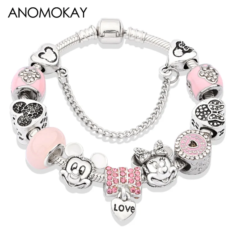 Cute Pink Crystal Disney Mickey Minnie Charm Bracelet Silver Color Heart Bead Bracelet for Women Girl Fashion Jewelry Gift