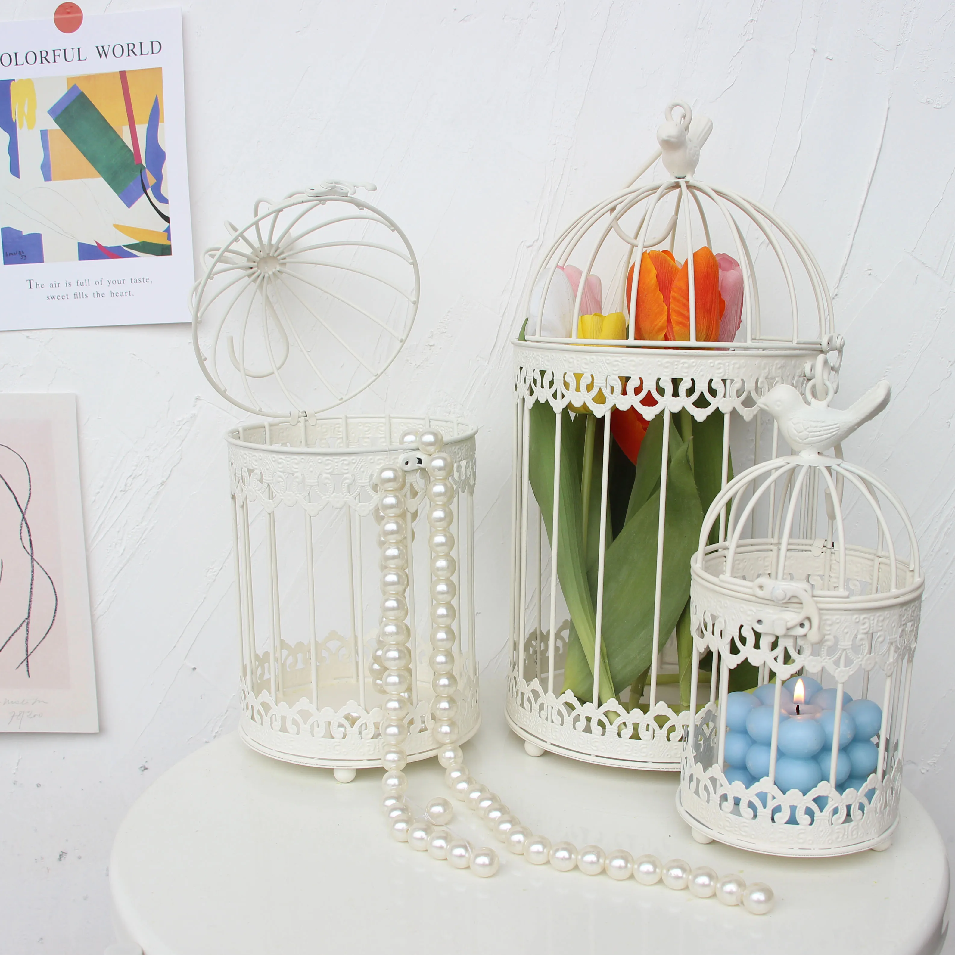 Flowerpot Modern Iron Wrought Metal Bbirdcage White Set bird Cage Decoration Hanging Candleholder succulent plants