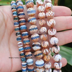 Natural Agate Loose Beads ,Faceted Round 6-10mm Ancient Tibet Dzi Patterns , For DIY Jewelry making !