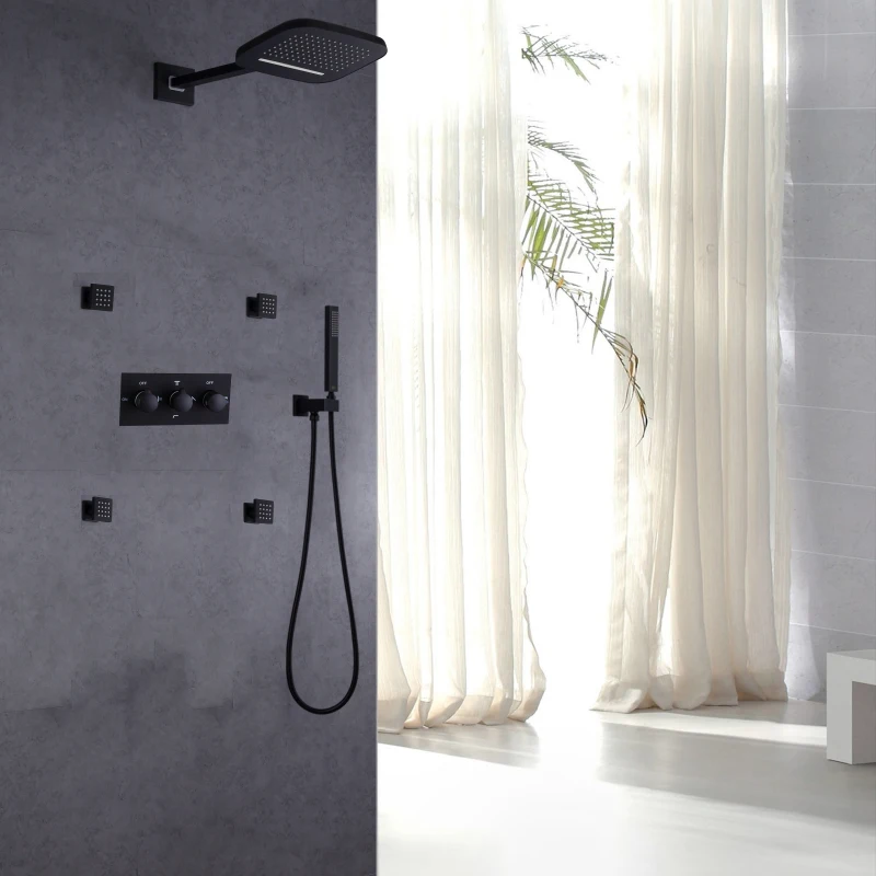 Matte Black Shower System With Wall Mounted Waterfall And Rain Shower Head Brass Body Message Jets