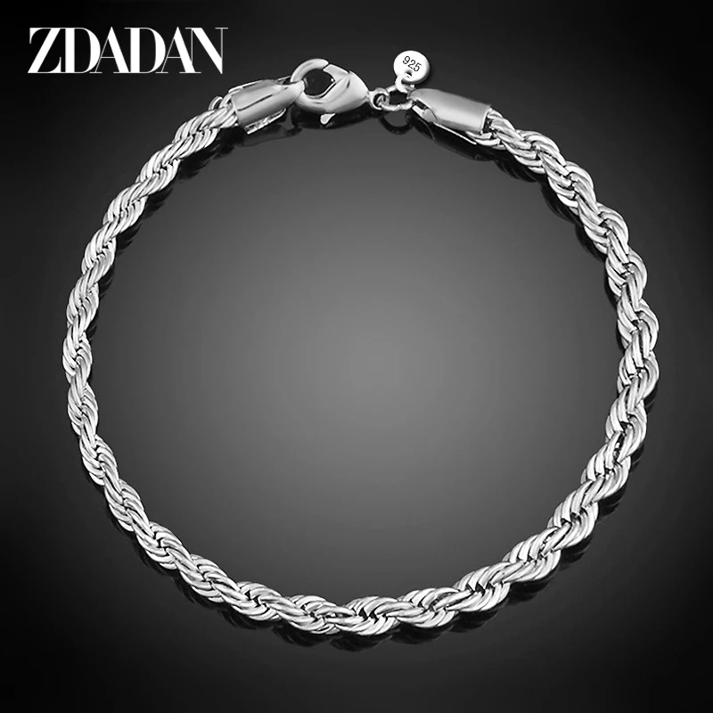 

ZDADAN 925 Sterling Silver 4mm Twisted Bracelets Chain For Women Fashion Jewelry