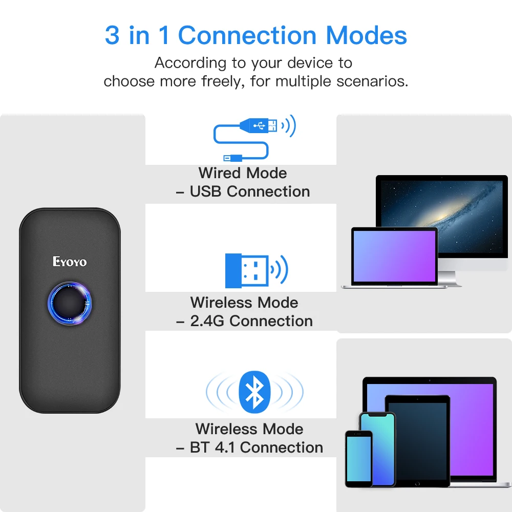 Eyoyo – Scanner de codes-barres sans fil EY-009C, CCD 2.4G, de poche, BT, Modes de connexion filaire 3 en 1, capacité de décodage, Mini Scanner de