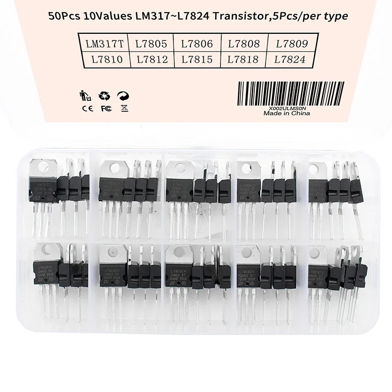 50pcs Linear Regulator Transistor Electronic Kit L7812 LM317T L7805 L7806 L7808 L7809 L7810 L7815 L7818 L7824 10 Value*5pcs