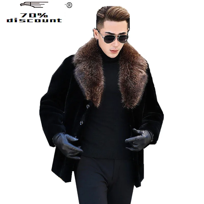 

Men Real Pure Natural Fur Coat Mens Real Raccoon Fur Collar Jackets Luxury Sheep Shearling Fur Coats DXL2642 MY044