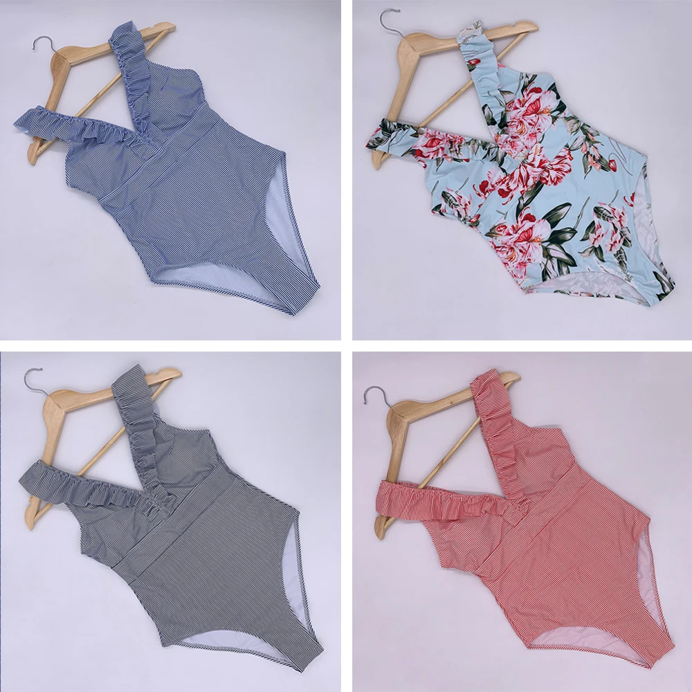 Bañador Sexy de una pieza para mujer, traje de baño a rayas con volantes, Monokini estampado Vintage para mujer, traje de baño para playa para niña