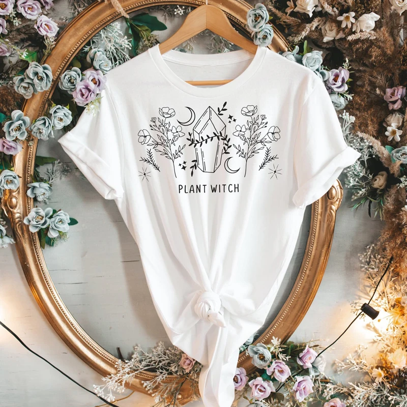 Plant Witch 100% Cotton T-shirt Aesthetic Boho Hipster Witchy Woman Tee Top Cute Women Graphic Magic Gothic Tshirt