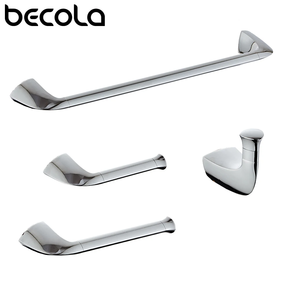 BECOLA Chrome/Black 4 Piece Bathrrom Accessories Sets Wall Mounted Single Towel Bar Toilet Paper Holder Robe Towel Hooks