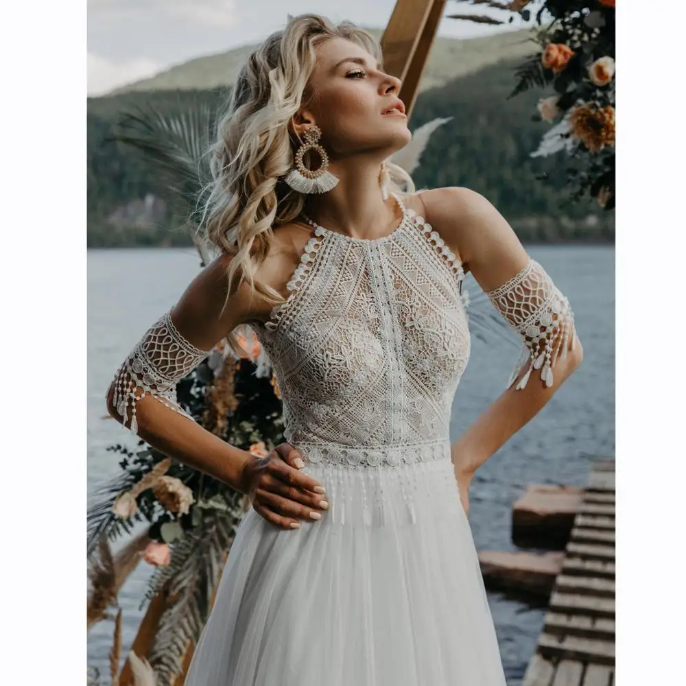 Robe de mariée bohème avec corsage de bijoux, licou dans le dos, robes de patients en tulle, appliques en dentelle, robes de mariée élégantes, look de plage, quel que soit le cas, 2022