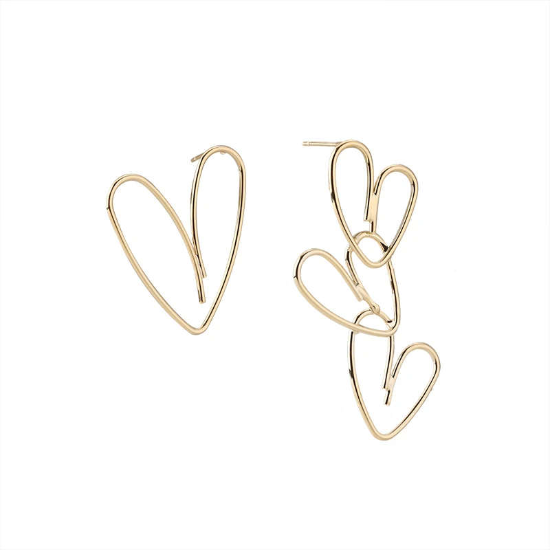 Sweet Gold Color Hollow Heart Earrings Women Wedding Party Club Fashion Long Asymmetry LOVE Heart Earrings Jewelry Cheap