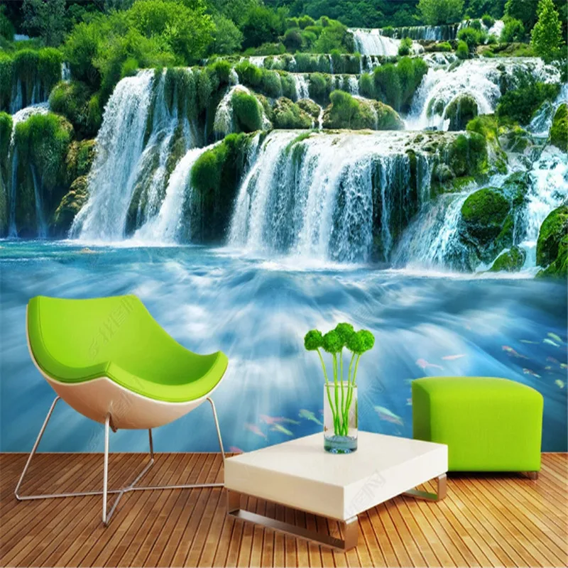 

HD Waterfall Fresh Forest Wallpaper for Living Room Natural Scenery TV Sofa Bedroom Background Wall Papers Home Home Decor Mural