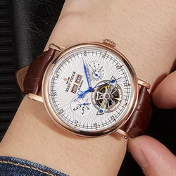 Reef Tiger/RT Top Brand Luxury Tourbillon Men Mechanical Watches Perpetual Calendar Watch Brown Leather Strap Automatic Watch