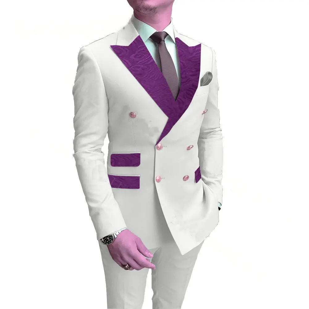 

Custom Ivory White Men Wedding Suit Slim Fit Groom Double Breasted Purple Jacquard Lapel Blazer Gold Buttons Jacket Pant 2Pcs