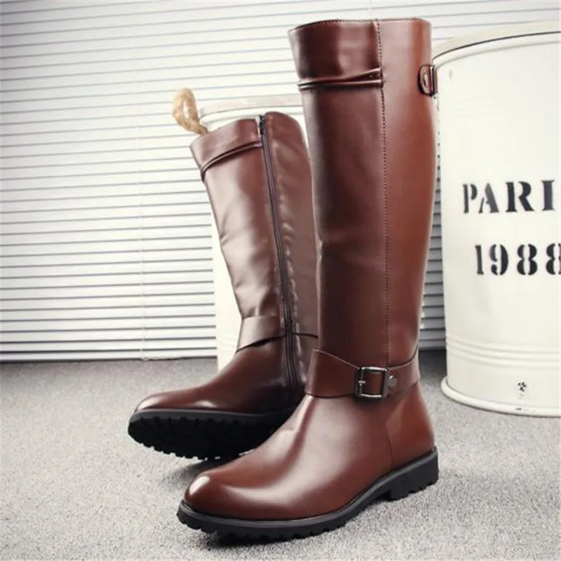 Leather Boots Fur High Top Casual Shoes Men Male Boots over the knee Botas Brand Motorcycle Boots