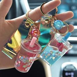 Creative Quicksand Sequin Fruit Strawberry Keychains Cartoon Moving Liquid Milk Tea Cup Keyring Bag Pendant Car Key Chain Gifts