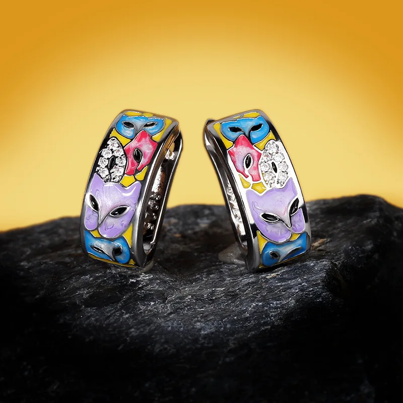 Exquisite and Unique Women\'s White Handmade Enamel Cat Earrings Colorful Cat Creative Earrings Jewelry Women 925 Silver Earrings