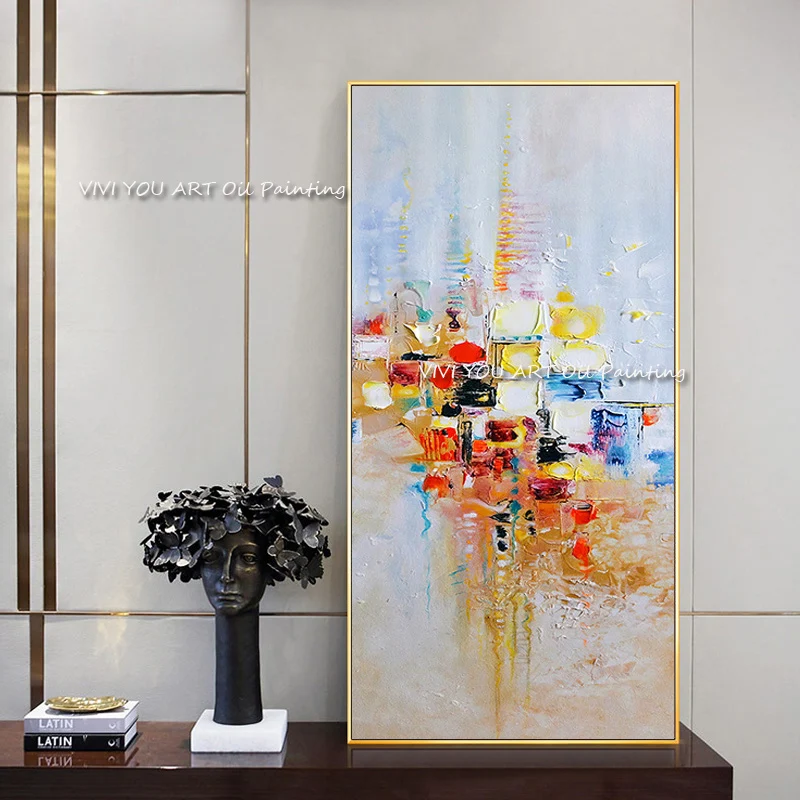 100% Hand-painted knife thick colorful oil painting abstract painted blue red orange yellow canvas modern home decoration