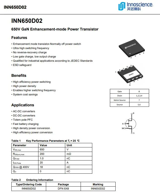Parts GAN FET  POWER innoscience INN650D02 650V DFA 8*8mm  New And Original