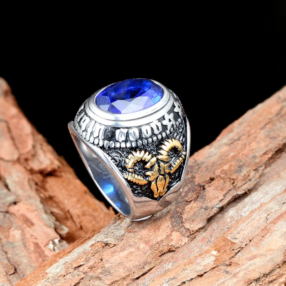 Retro Simple Carved Sheepshead Crystal Ring Gothic Men's Inlay Zircon Ring Punk Men's Hip Hop Motorcycle Party Jewelry