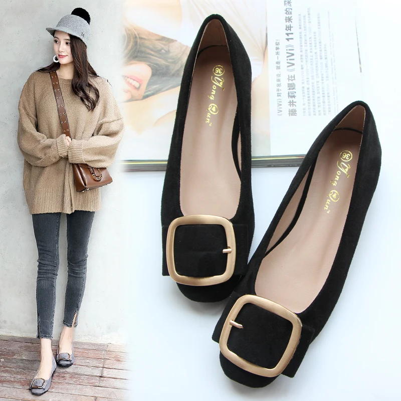 Women Flats Ballet Solid Color Flat Heel Shoes Lady Elegant Concise All Match Flock Leather Casual Shoes Spring Summer 31-44