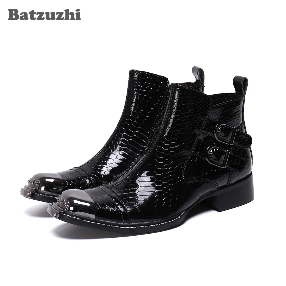 Batzuzhi Fashion Men Boots Luxury Black Leather Ankle Boots Square Toe Metal Tip Business Leather Boots  Bota Masculina, Size 46