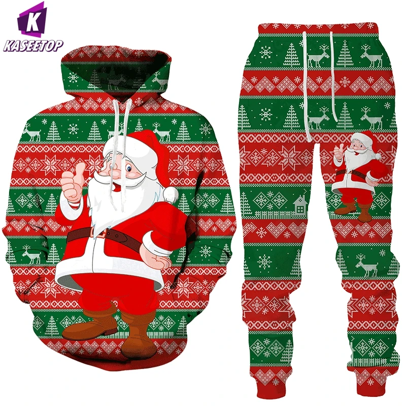 Santa Claus Printed Hoodie +Pants Suit Autumn and Winter Fashion Men's Women's Hoodies Sweatshirt Sets Funny Christmas Costume