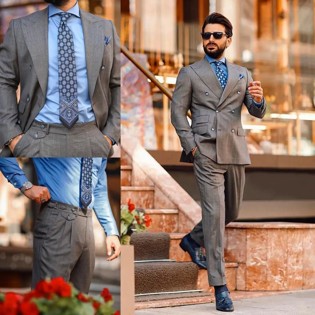 Smart Casual Men Tuxedos  Business Double Breasted Stripe Pants Suits Costom Made Streetwear Wedding Groom Party Blazer 2 Pieces