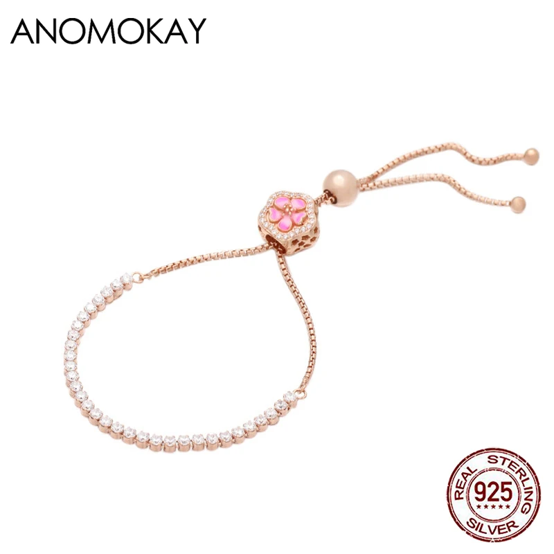 Anomokay Romantic Pink Peach Blossom Bracelet Adjustable Rose Gold Color Bracelet with Luxury White Crystal