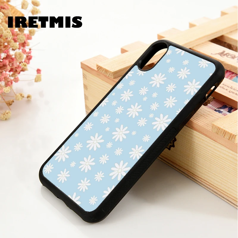 Iretmis 5 5S SE 2020 6 6S Rubber Phone Case Cover for iPhone 7 8 Plus X Xs 11 12 MINI Pro Max XR Daisies Pattern Blue Background