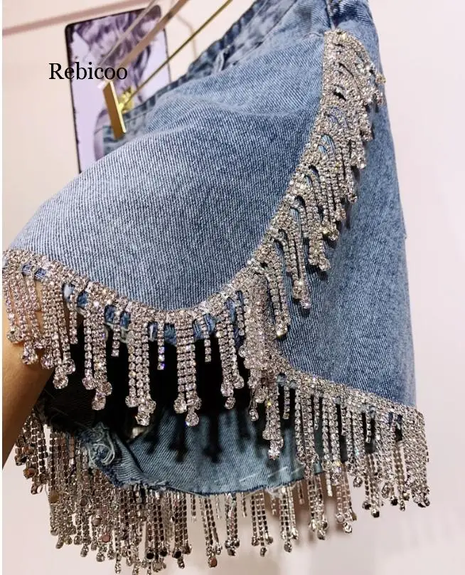 Rhinestone Fringed High Waist Denim Shorts Flash Wimen's High-end Diamond Tassel Short Jeans Hot Pants