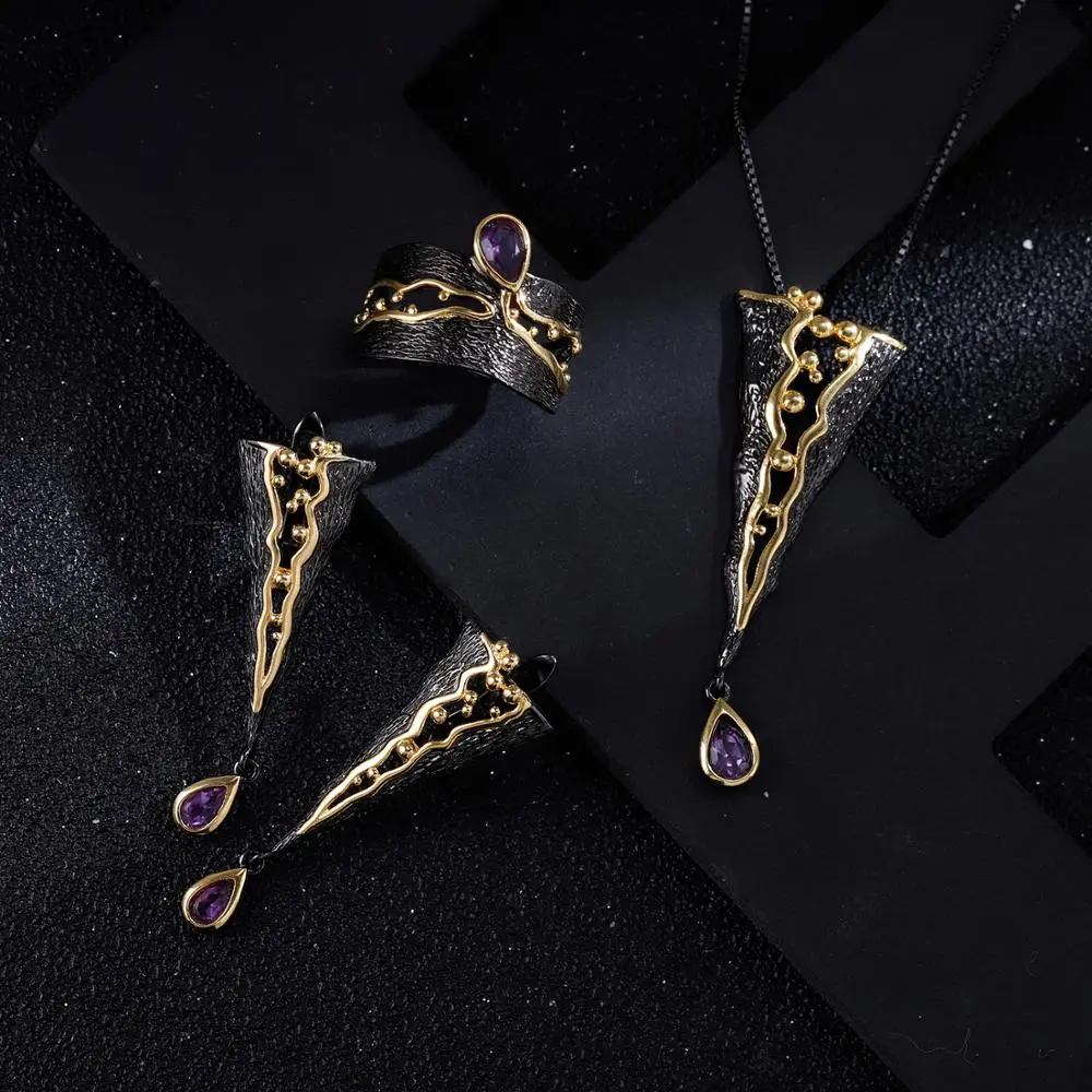 GEM\'S BALLET 925 Sterling Silver Handmade Golden Bead Honey Raindrop Triangle Natural Amethyst woman’s statement Earrings Jewelr