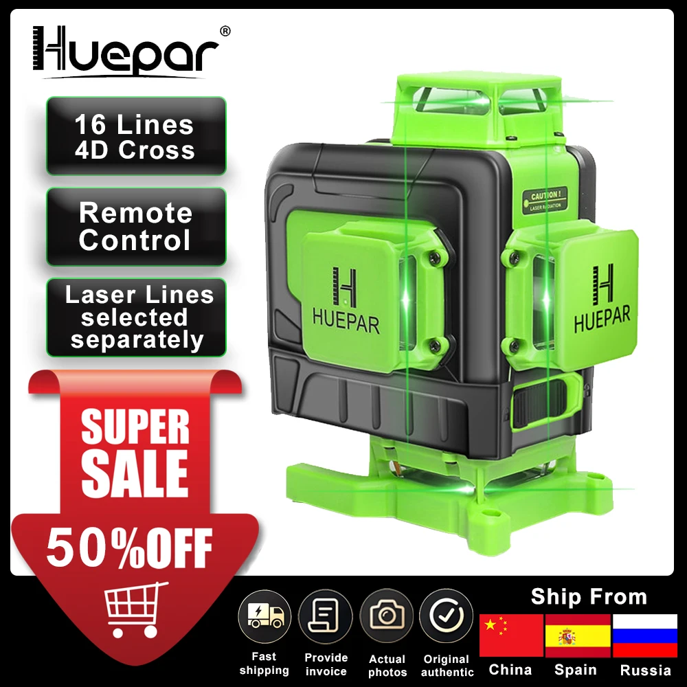 Huepar 16 Lines 4D Cross Laser Level green line Self-Leveling 360 Horizontal & Vertical Green Beam laser with Remote Control