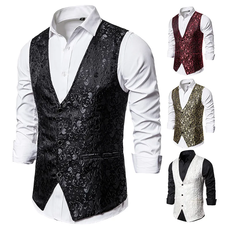 Men Jacquard Paisley Printed Vest Sleeveless Jacket Coat Mens Formal Waistcoats Dress Suit Vests Wedding Tuxedo Stage Costumes